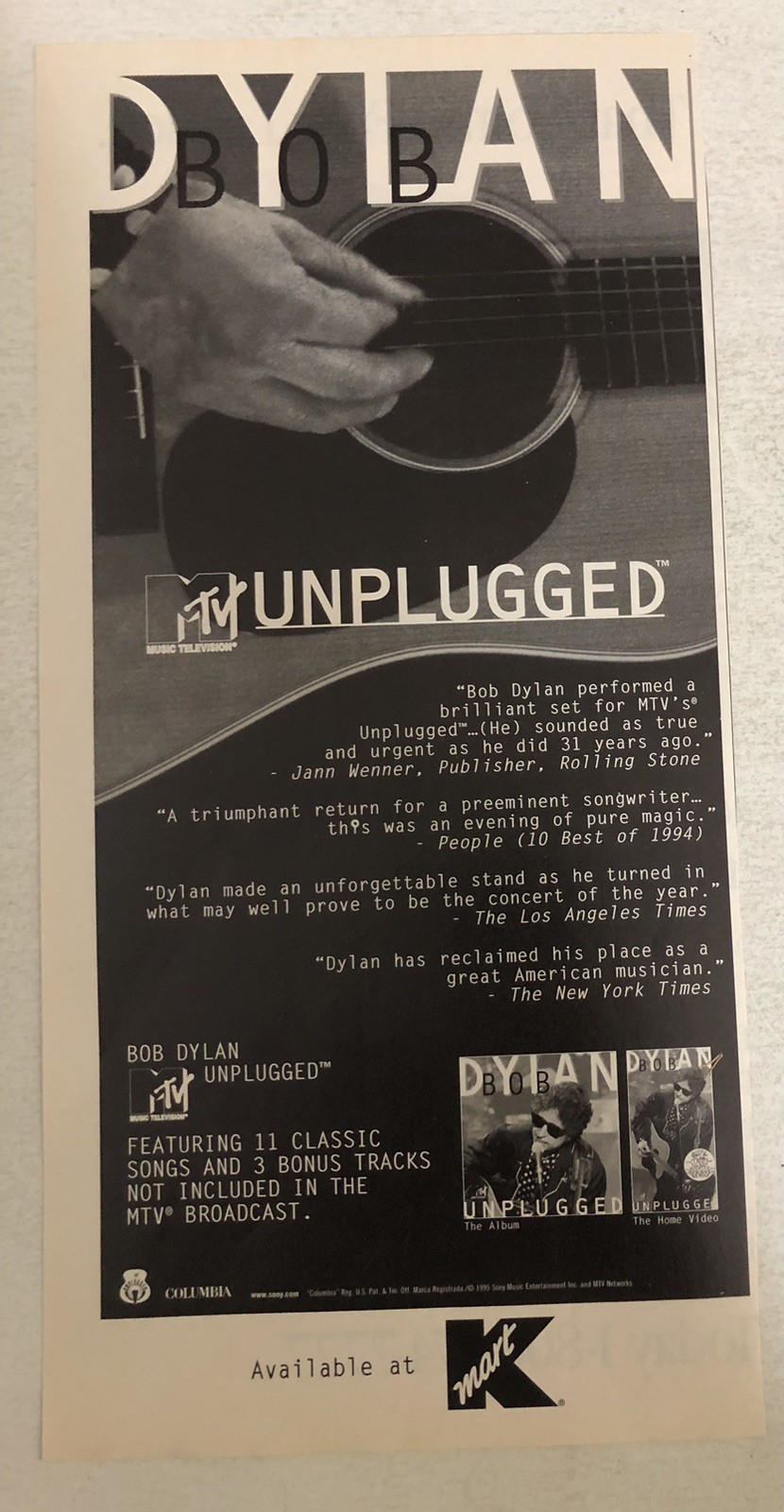 1995 Bob Dylan MTV Unplugged Print Ad Advert pa9