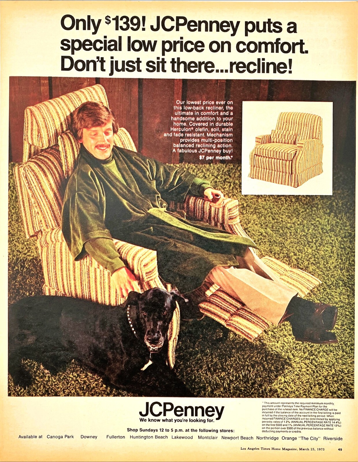 JC Penney Recliner 1973 Green Robe Dog Multi Position Action Vtg Mag Print Ad