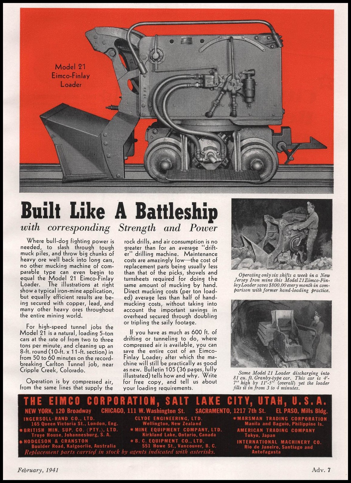 1941 EIMCO Salt Lake City Utah Model 21 Loaders Built Like A Battleship Print Ad