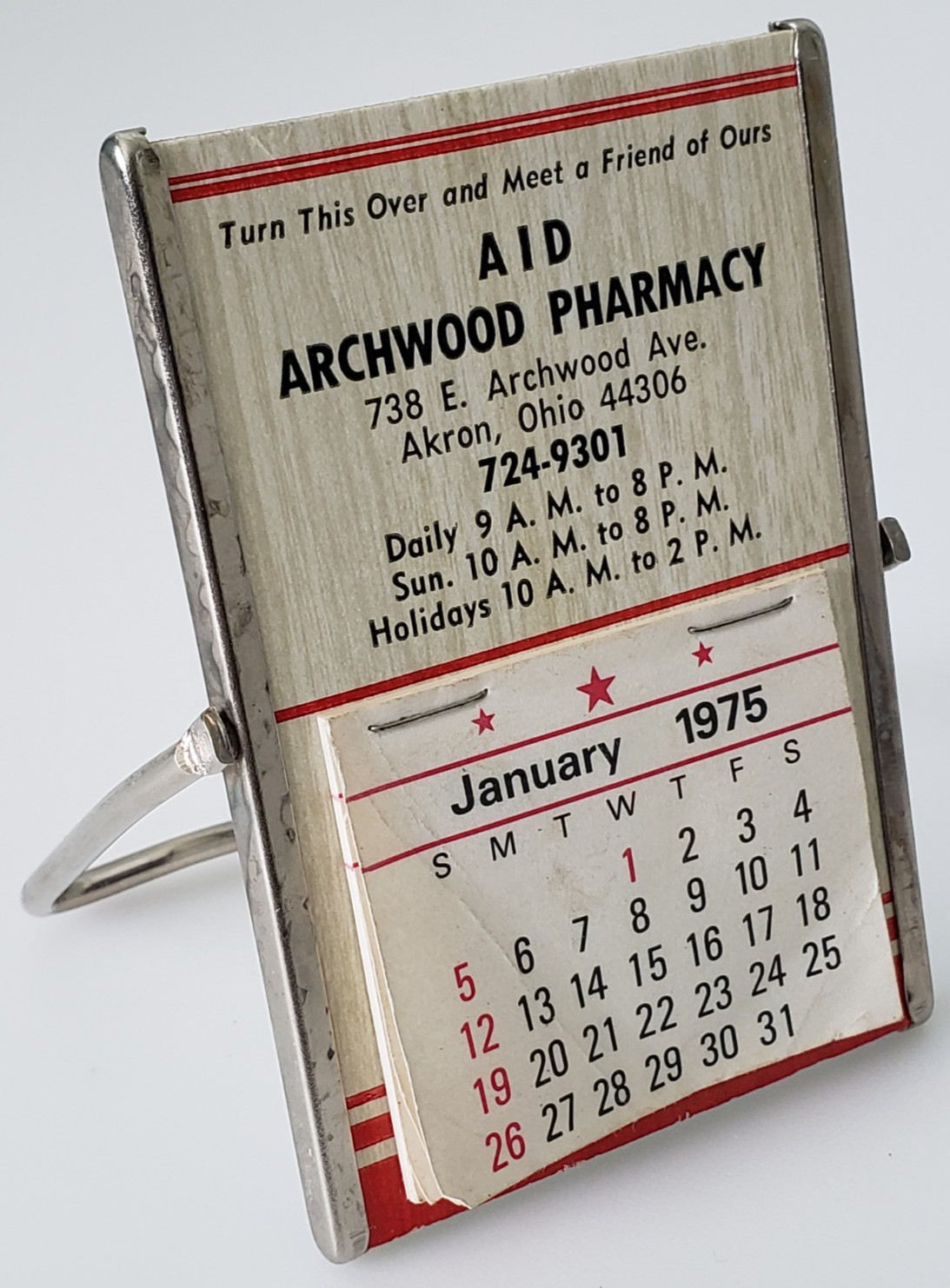 Vintage 1975 AID Archwood Pharmacy Akron Ohio Mini Calendar Mirror