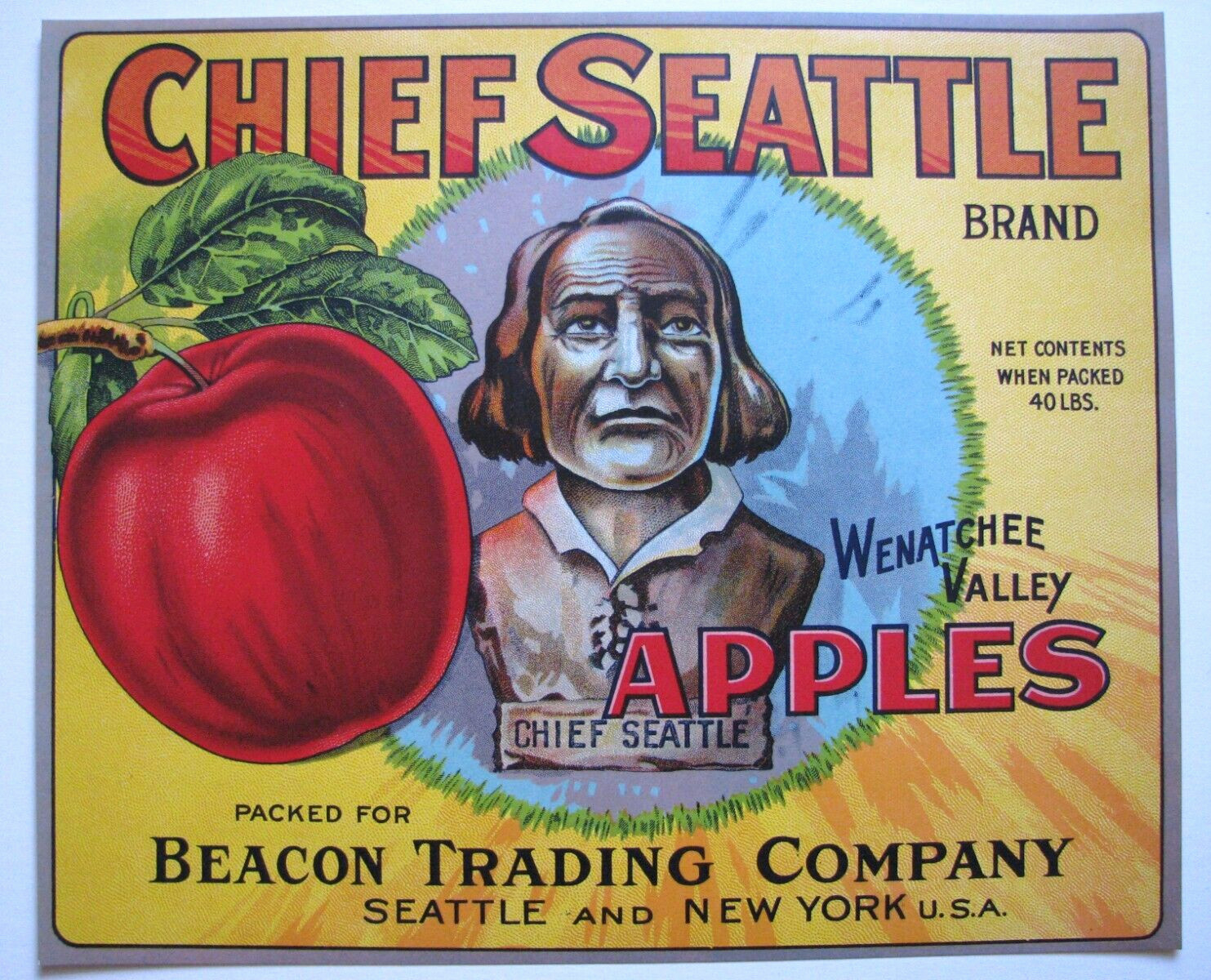 Original CHIEF SEATTLE apple crate label Beacon Trading Co Seattle Wenatchee Val
