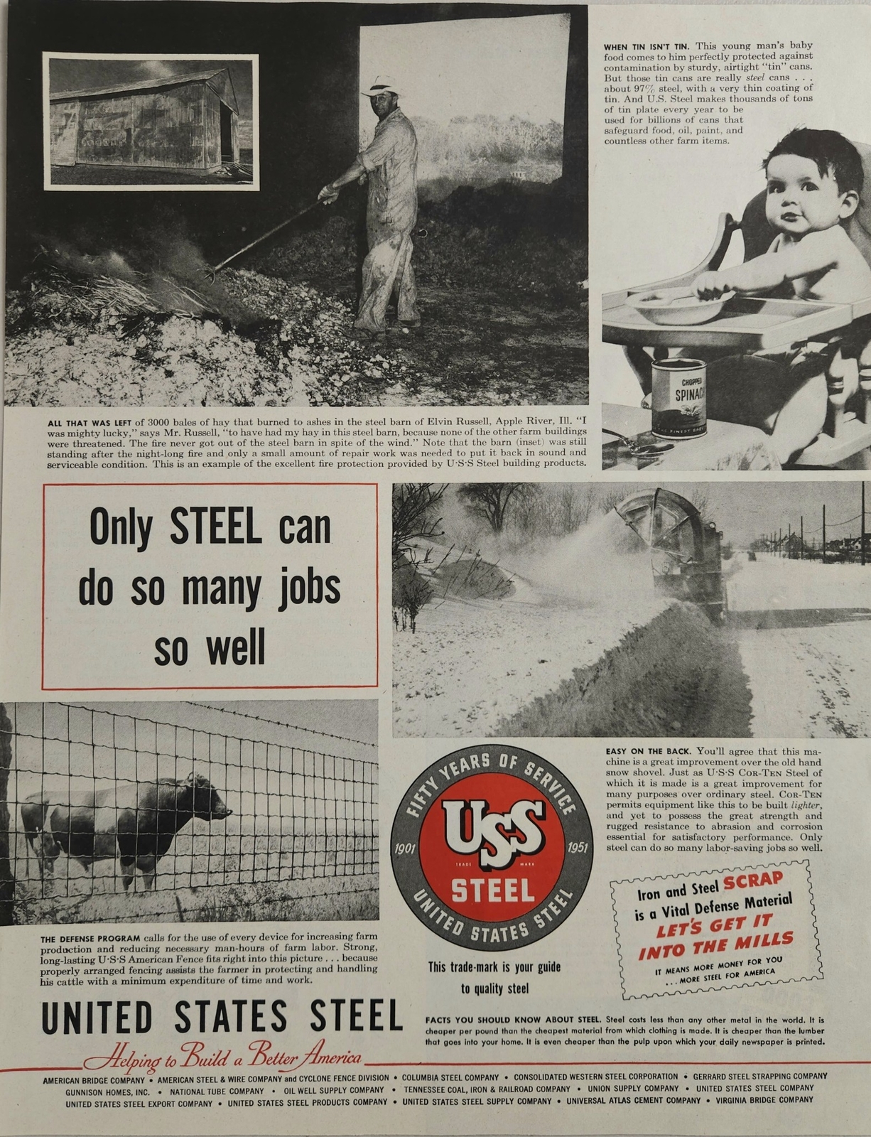 1951 Print Ad United States Steel USS Cattle Fences,Snow Plow,Steel Barn Burns