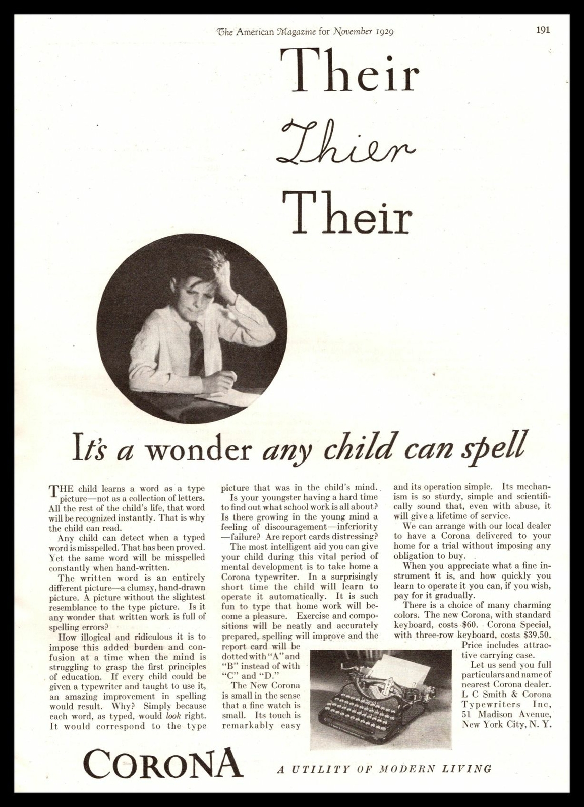 1929 L C Corona Typewriters “It’s A Wonder Any Child Can Spell” Vintage Print Ad
