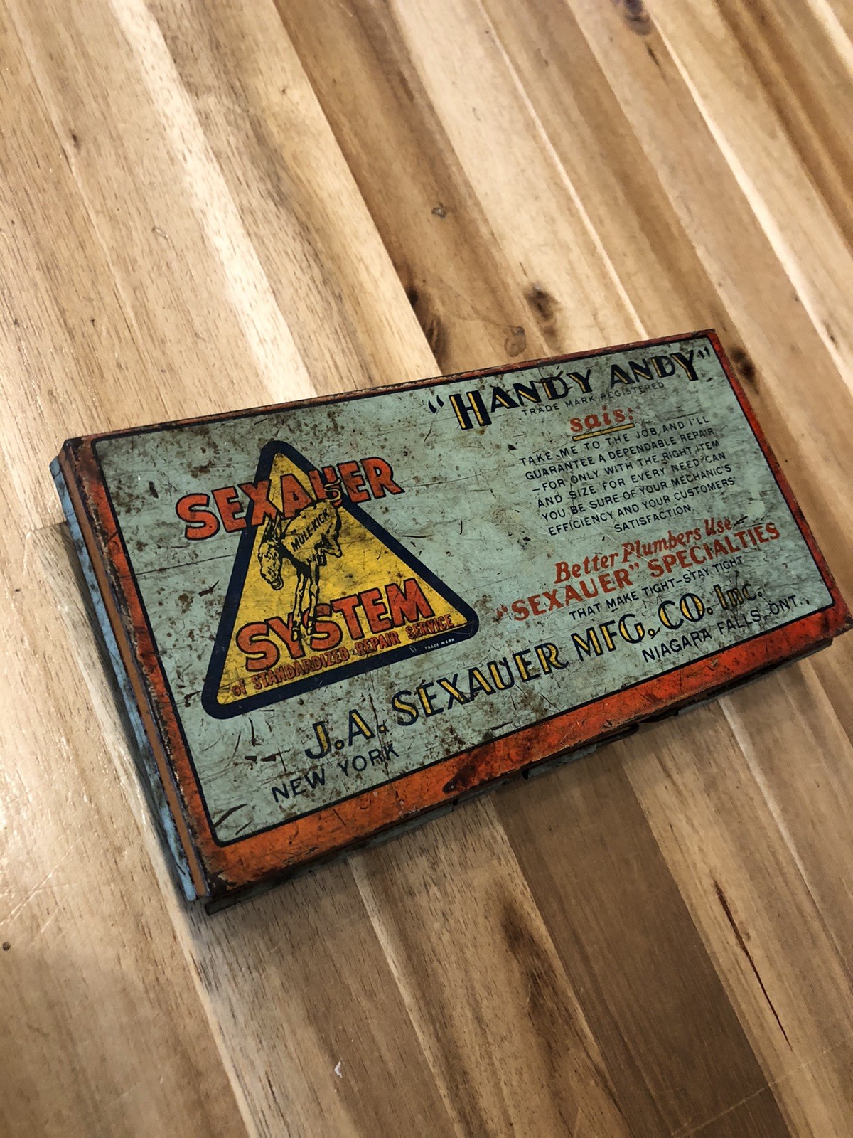 1931 Handy Andy Sexauer Tin Container No. 2 Advertisting Plumbing Bibb Screws