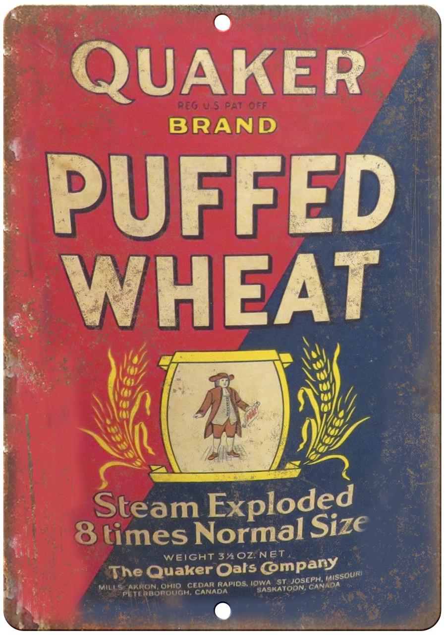 Quaker Brand Puffed Wheat Cereal Box 12″ x 9″ Reproduction Metal Sign N387