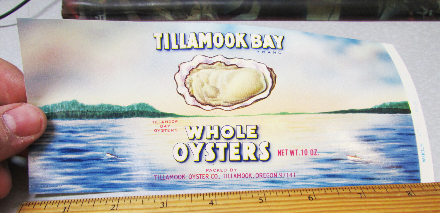 Original Can Label Tillamook Bay Whole Oysters, Tillamook Oregon, new unused