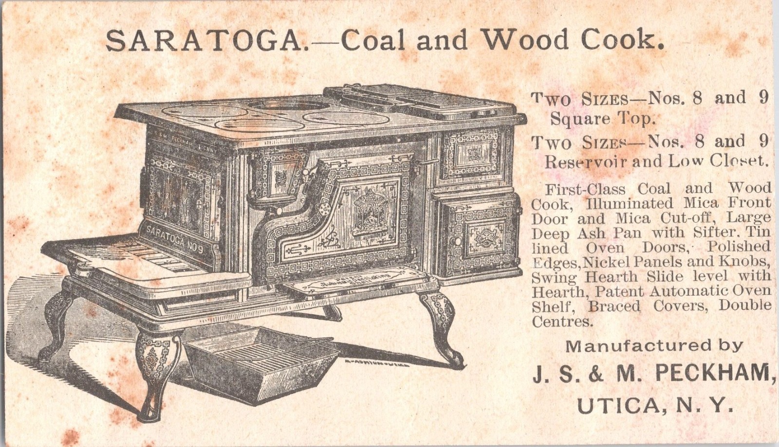 Saratoga Stoves – J.S. & M. Peckham Utica, NY – Antique Victorian Trade Card