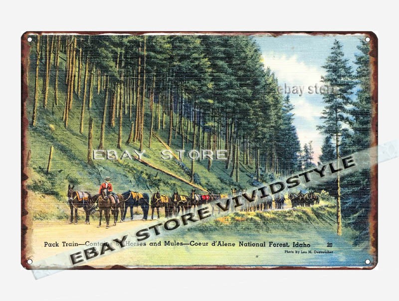 tin sign 1930s-40s Pack train Coeur d’Alene National Fores cool garage accessory