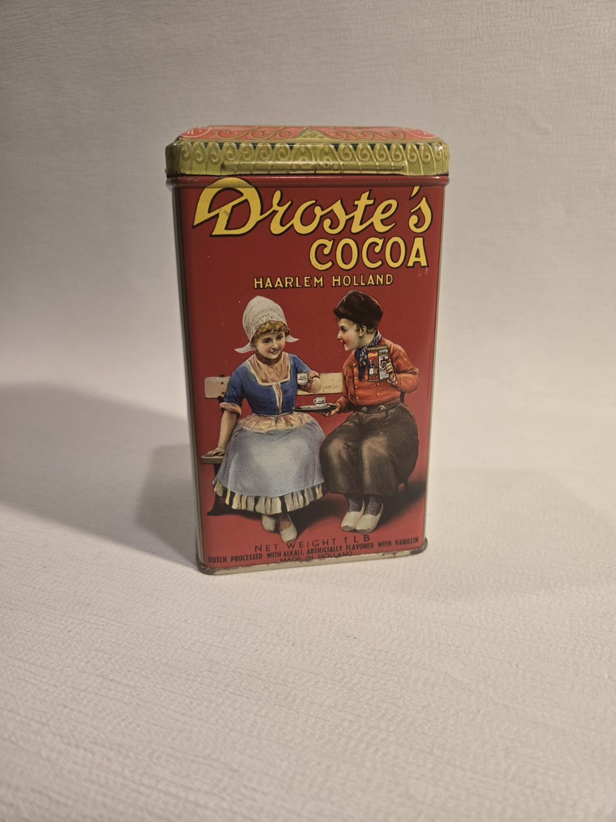 VINTAGE DROSTE’S DUTCH PROCESS COCOA TIN MADE IN HAARLEM HOLLAND 1 LB. SIZE TIN
