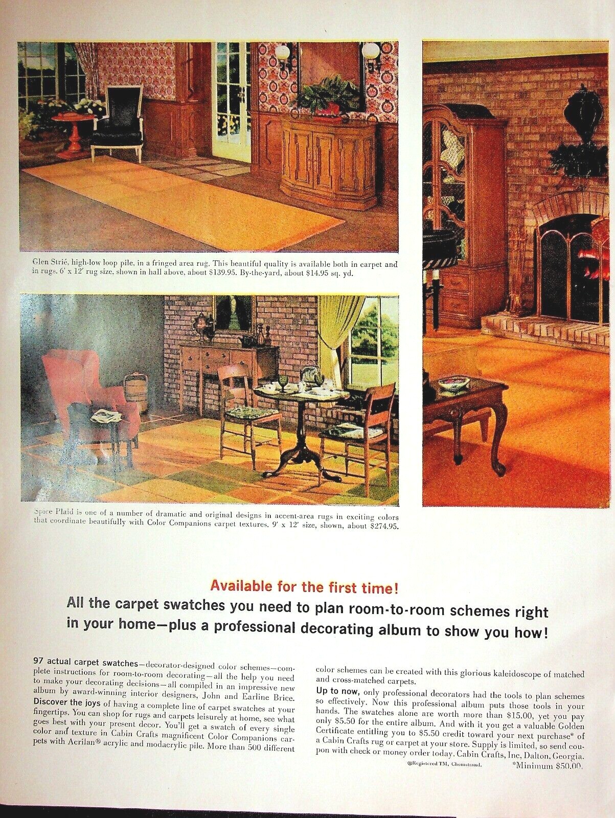 Cabin Crafts Carpet, 1963 House Beautiful VTG 2 Pg Print Ad, Room to Room Scheme