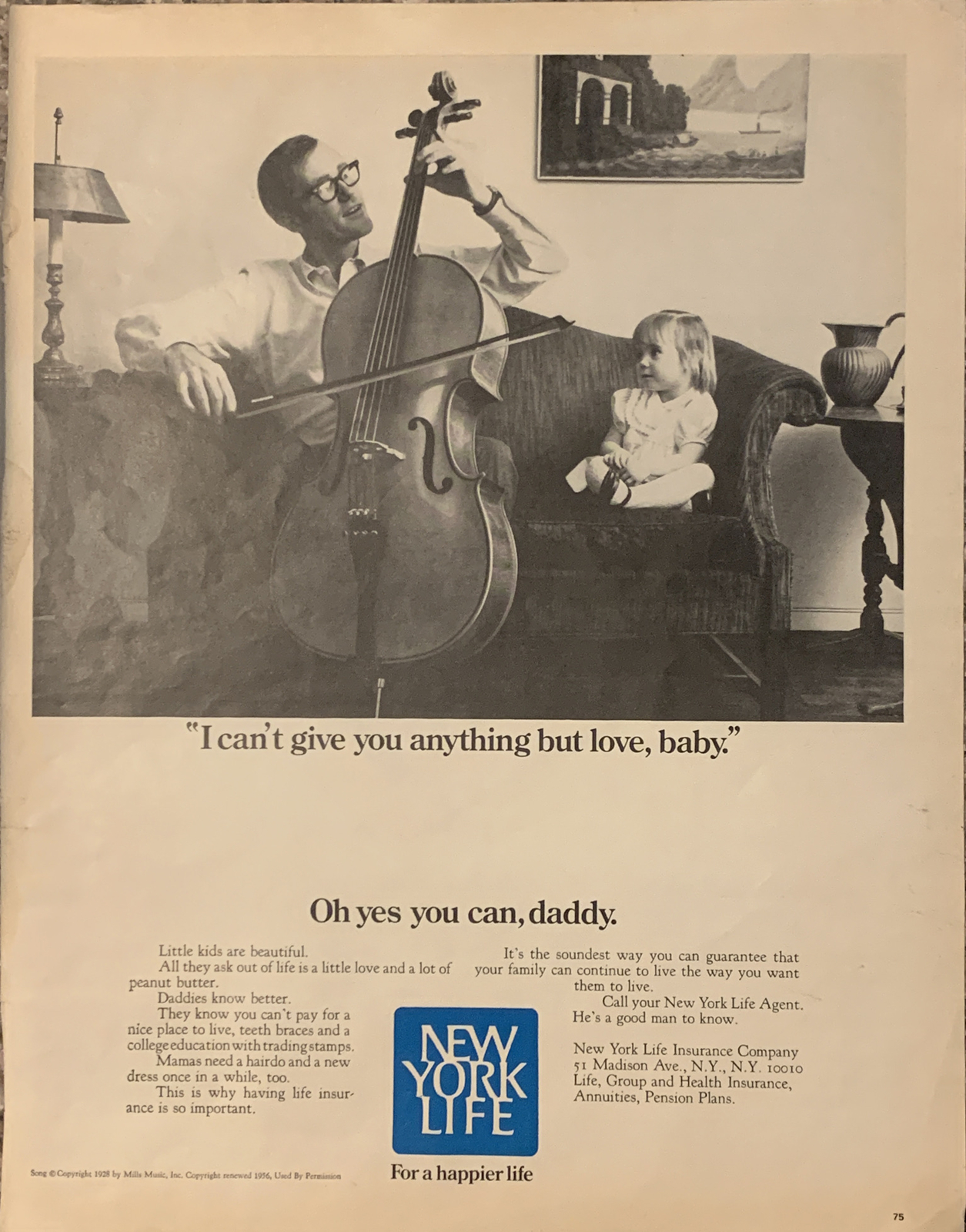 1971 New York Life Insurance PRINT AD Dad Plays Music For Daughter VTG 1970s