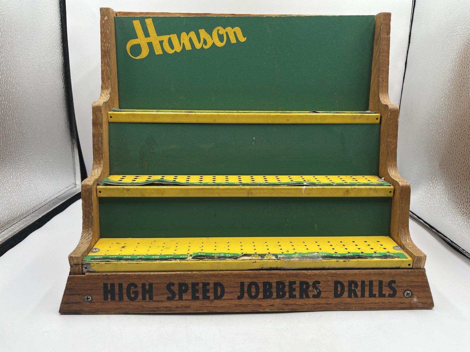 Vintage Oak Wood Hardware Store Display Hanson HIGH SPEED JOBBERS DRILLS SEE