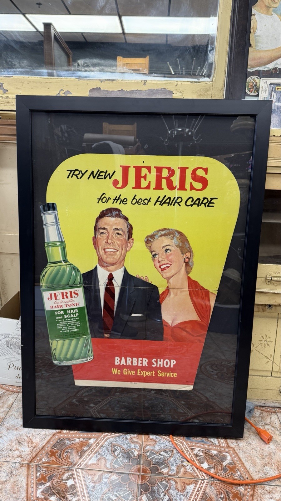 Vintage JERIS Hair Tonic Barber Shop Advertising Sign Framed