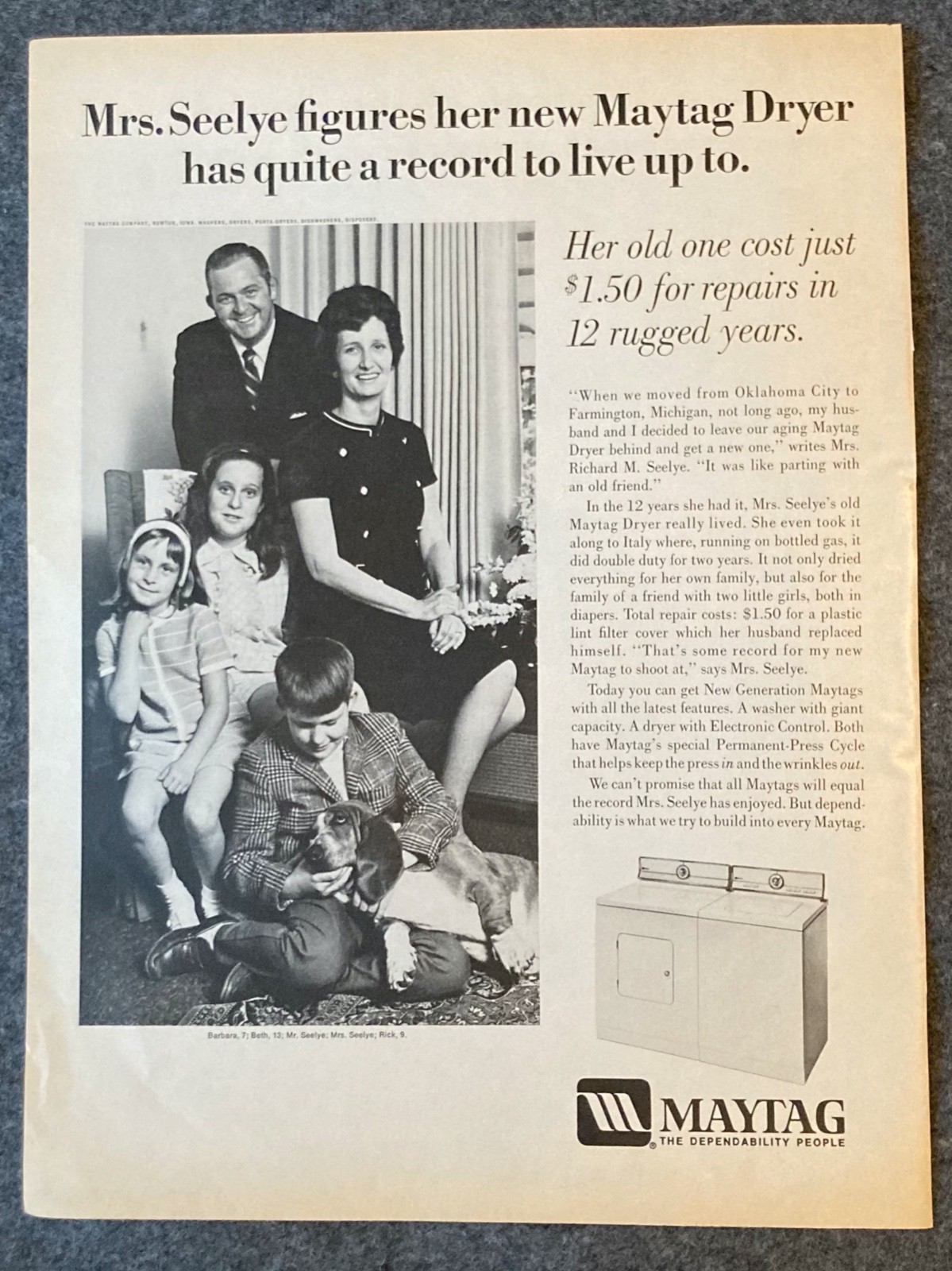 Maytag Dryer The Dependability People 1969 Vtg Magazine Print Ad Hound Dog
