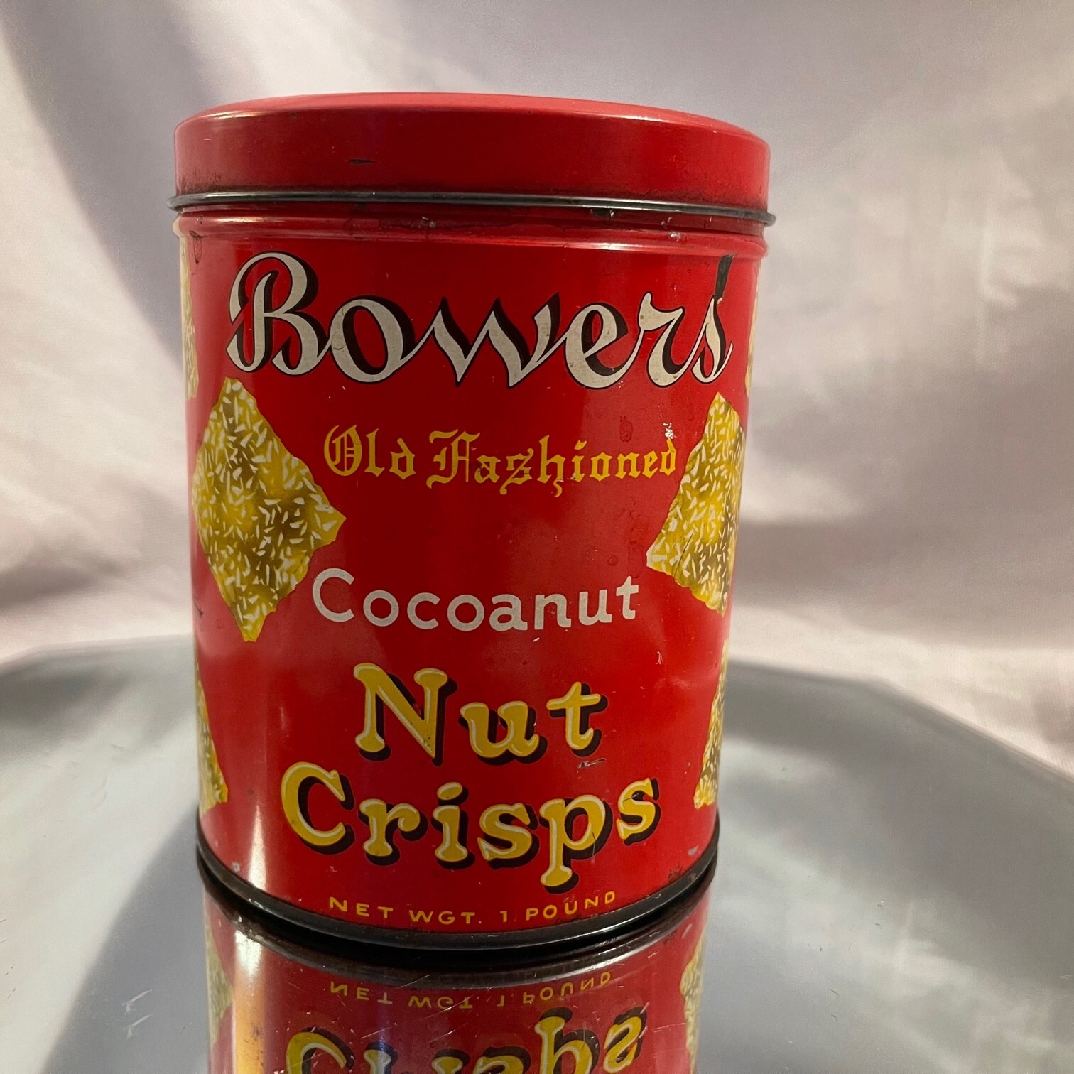 Vintage Bowers Coconut Nut Crisps Metal Cookie Tin Round 5.5″ Tall