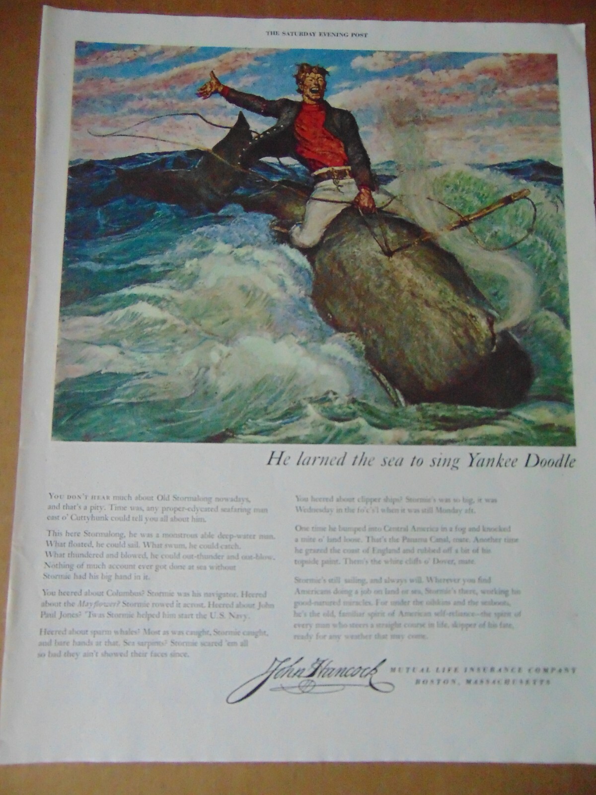 1949 Man Rides Whale JOHN HANCOCK Insurance Co. Boston Mass vintage art print ad
