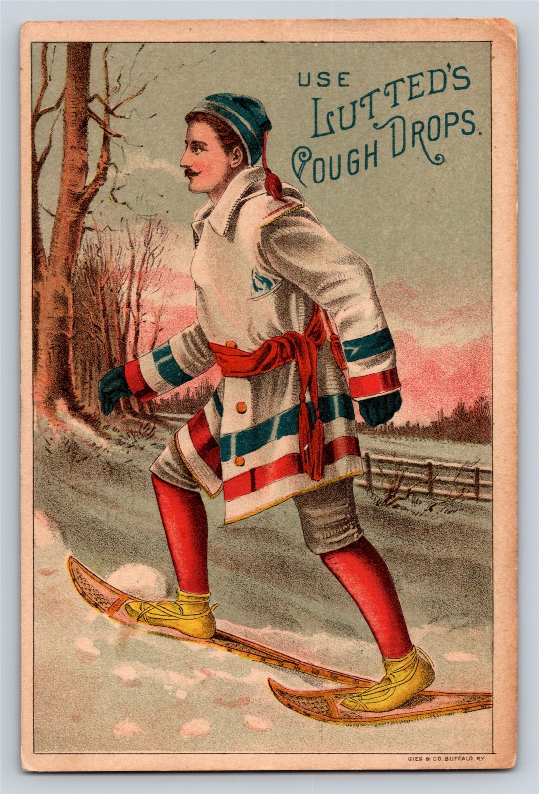 Victorian Trade Card Lutted’s Cough Drops Man Walking On Snow Shoes AD36