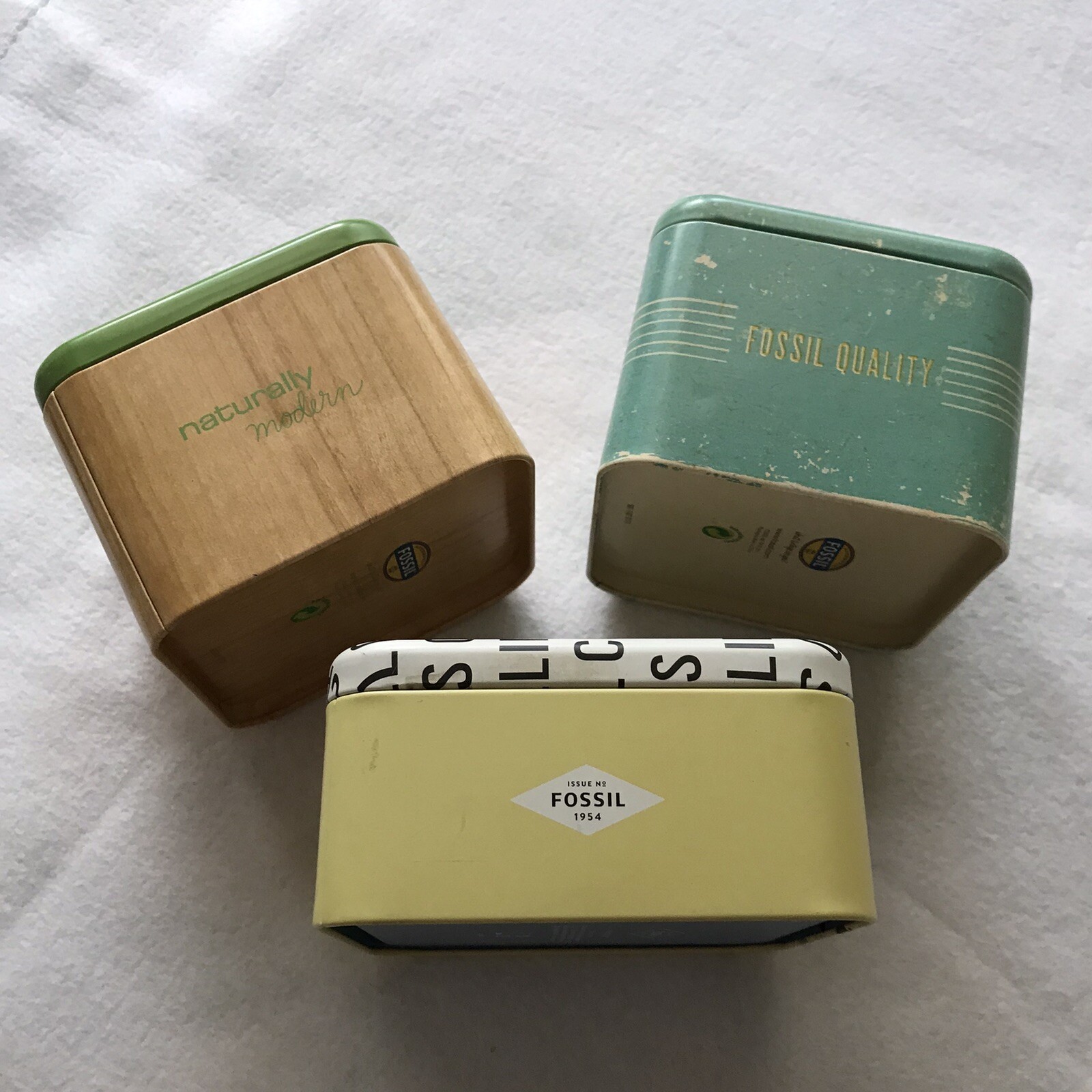 Lot 3 Empty FOSSIL Watch Boxes Collectible Tins Yellow Rotary Phone Print Shop