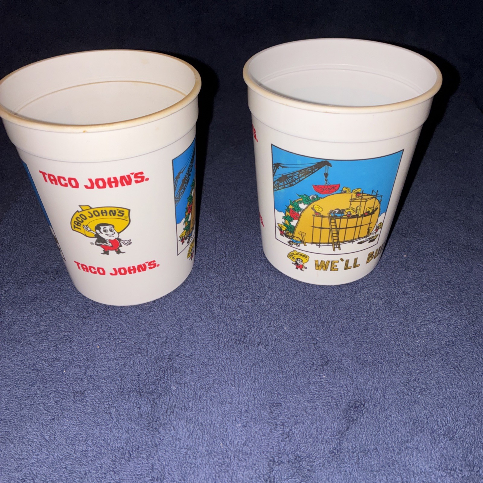 2 Rare Vintage Taco Johns BURRITO MAN 16 oz Drinking Cup Packer Plastics – FUN!