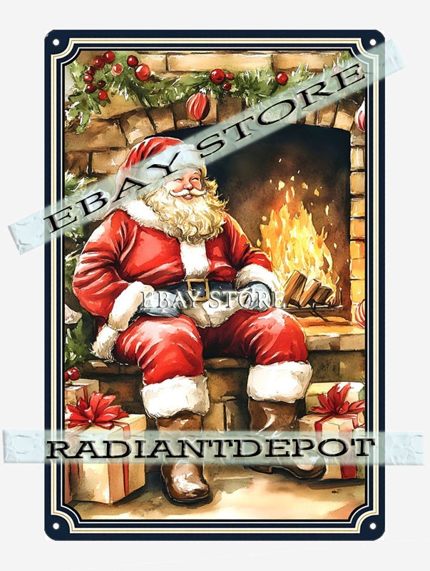 Santa fireside tin sign cozy Christmas fireplace unfinished garage ideas
