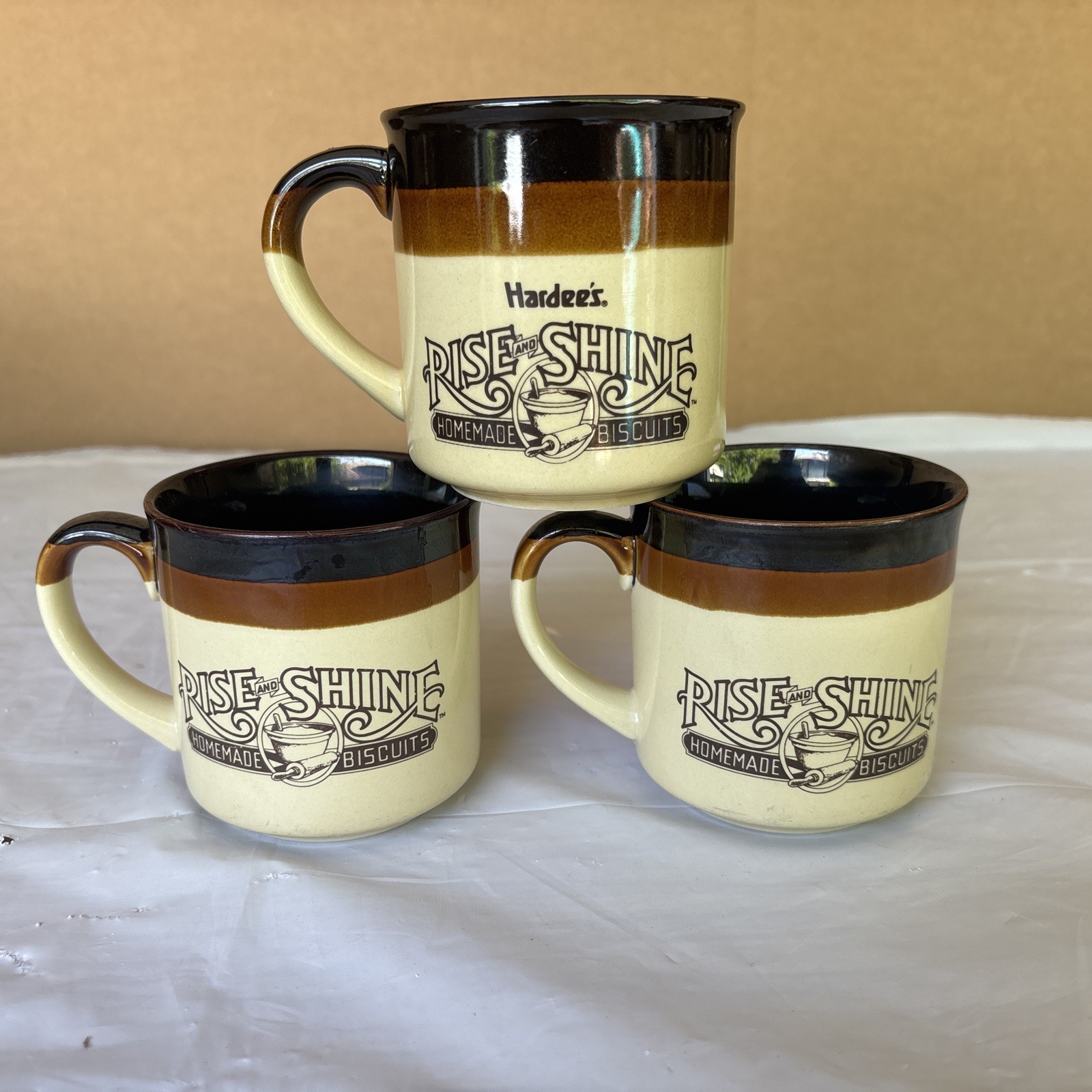 Set 3 Vintage 1984 HARDEE’S Rise And Shine Homemade Coffee Mugs Brown 1986 1989