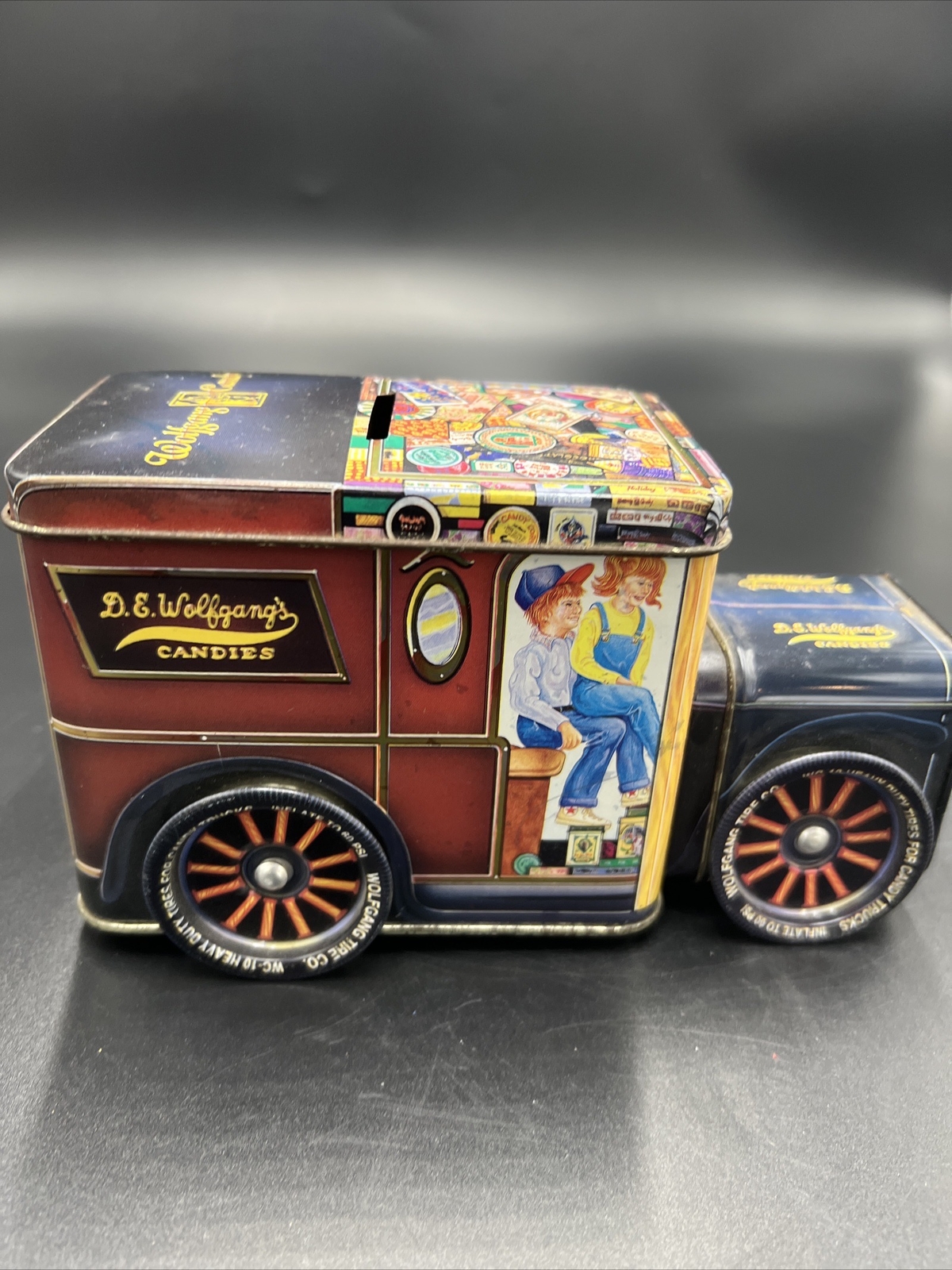 Wolfgang Candy Truck, Bank, DE Wolfgang’s Candies. wheels and tin bank