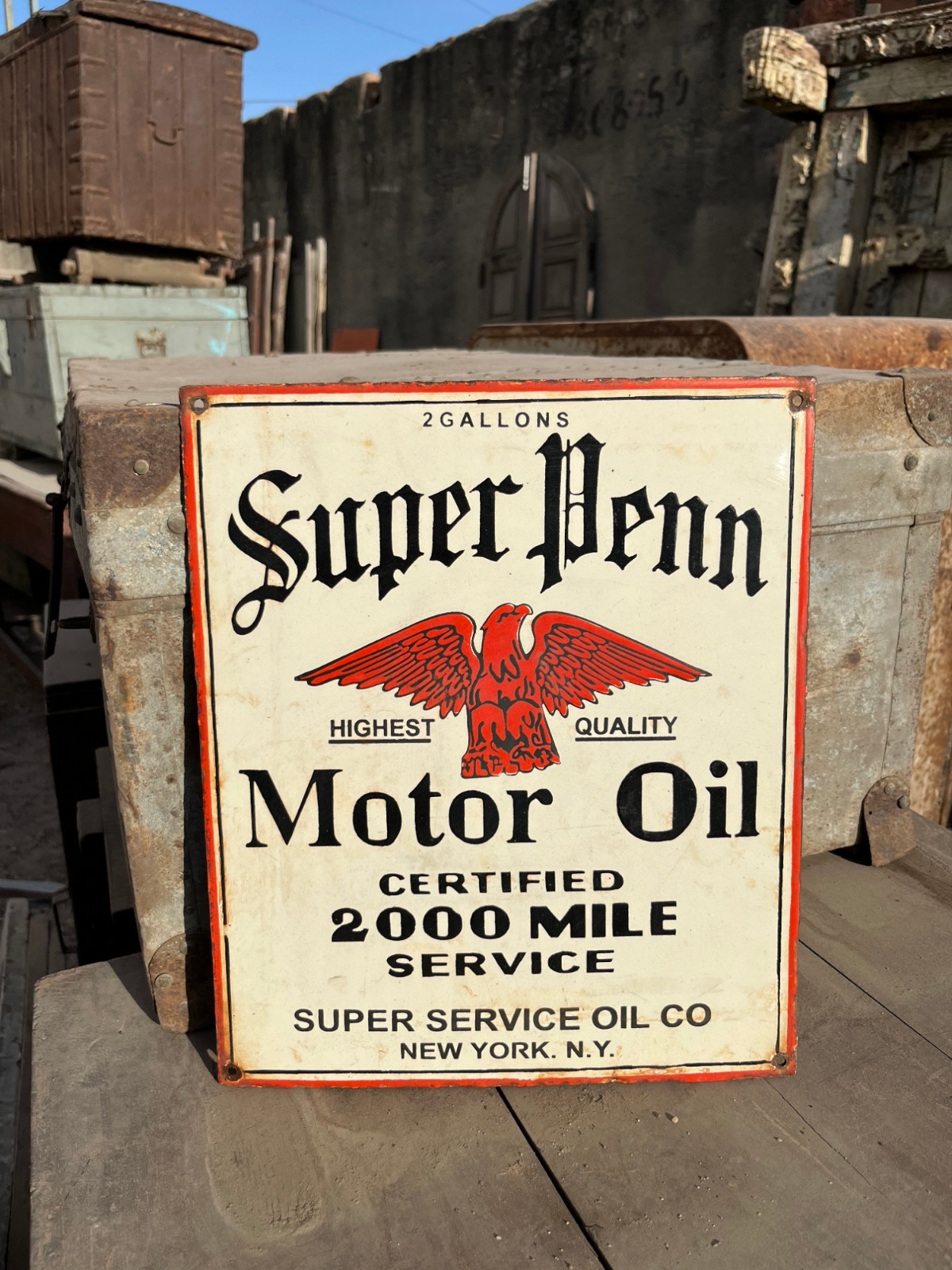 Old Antique Vintage Super Penn Motor Oil Porcelain Embossed Enamel Sign Board