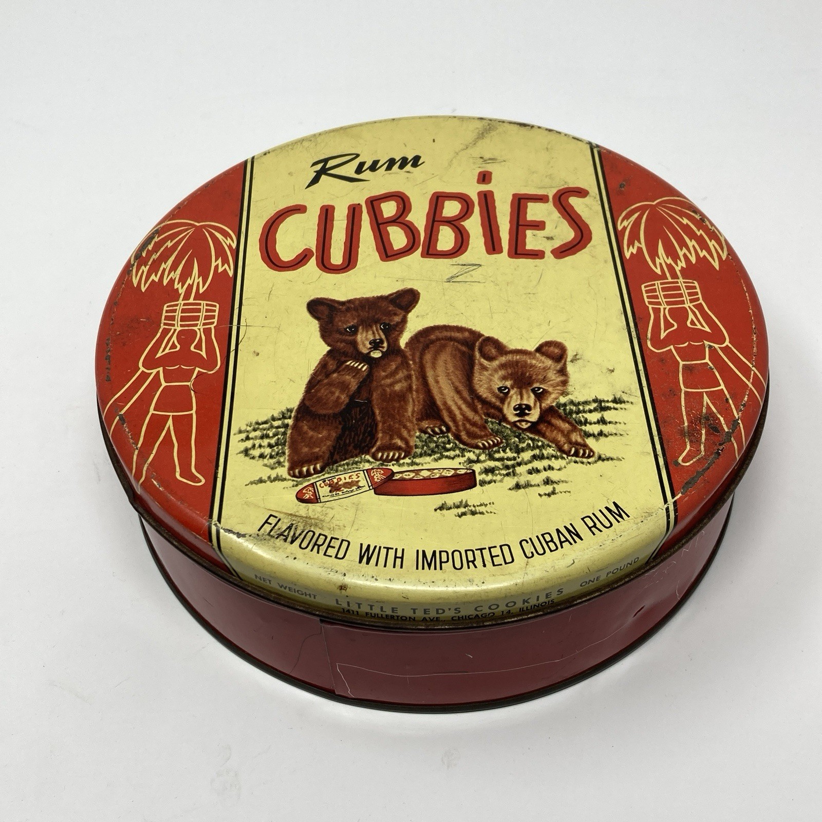 Vintage Tin Rum Cubbies Little Ted’s Cookies Chicago Olive Can Company Decor