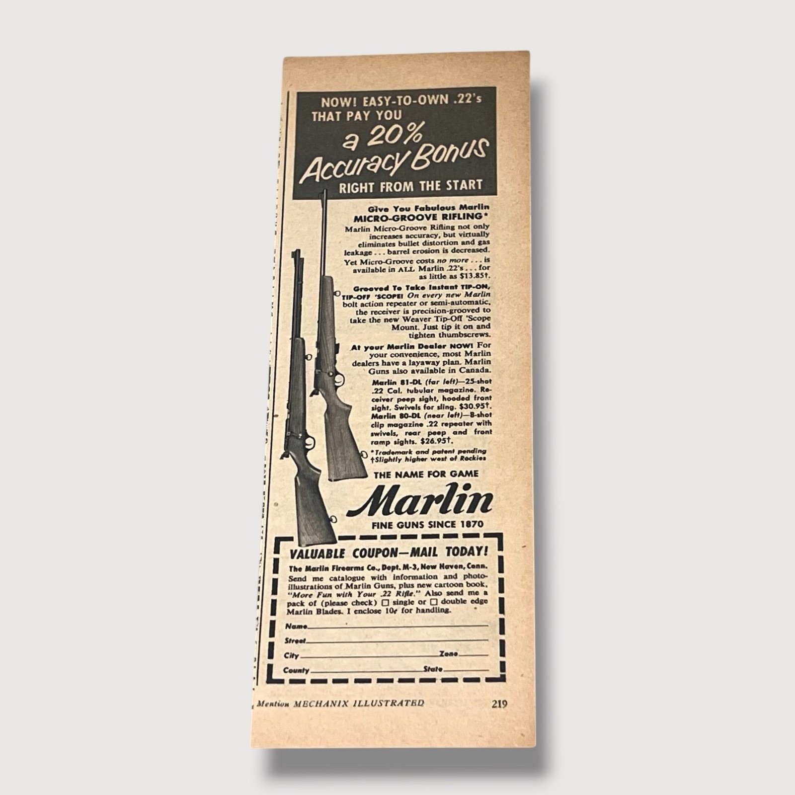 1950s Marlin Micro Groove Rifling A 20% Accuracy Vintage Ad N