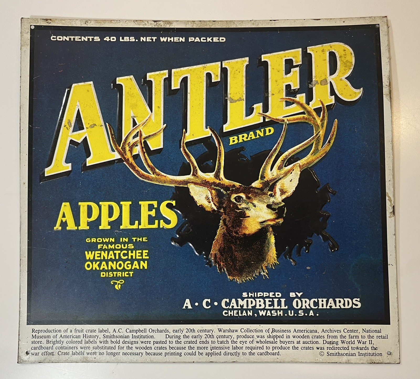 VTG Antler Apples Wood Crate Label Buck Fruit 12.5×11.75 Tin Metal Sign Embossed