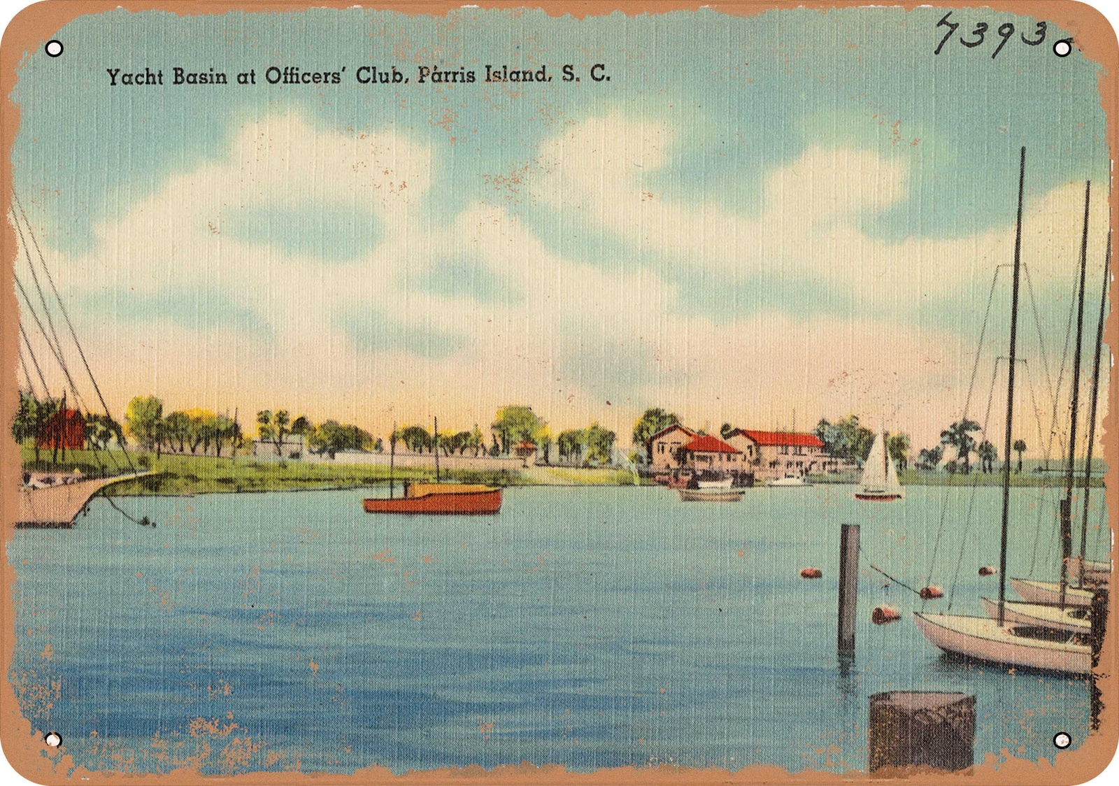 Metal Sign – South Carolina Postcard – Yacht Basin at Officer’s Club, Parris Is