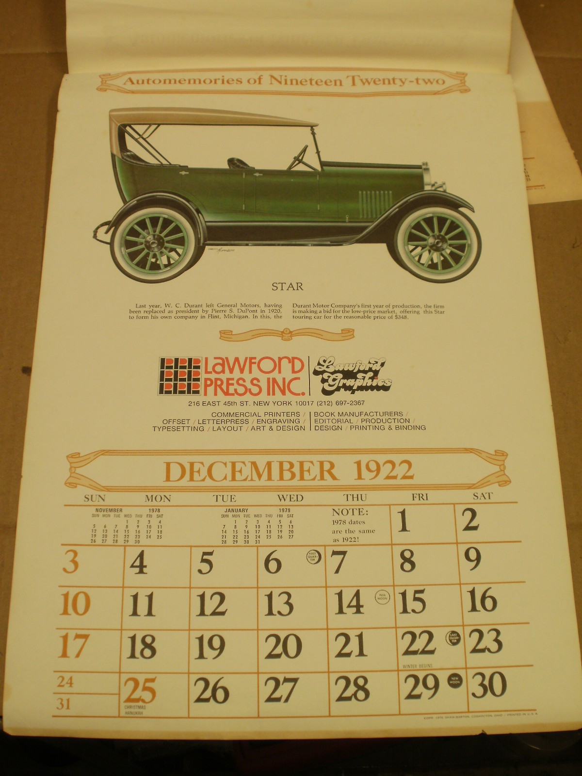 Lawford Press/Graphics, Shaw-Barton Coshocton, OH, Automemories Of 1922 Calendar