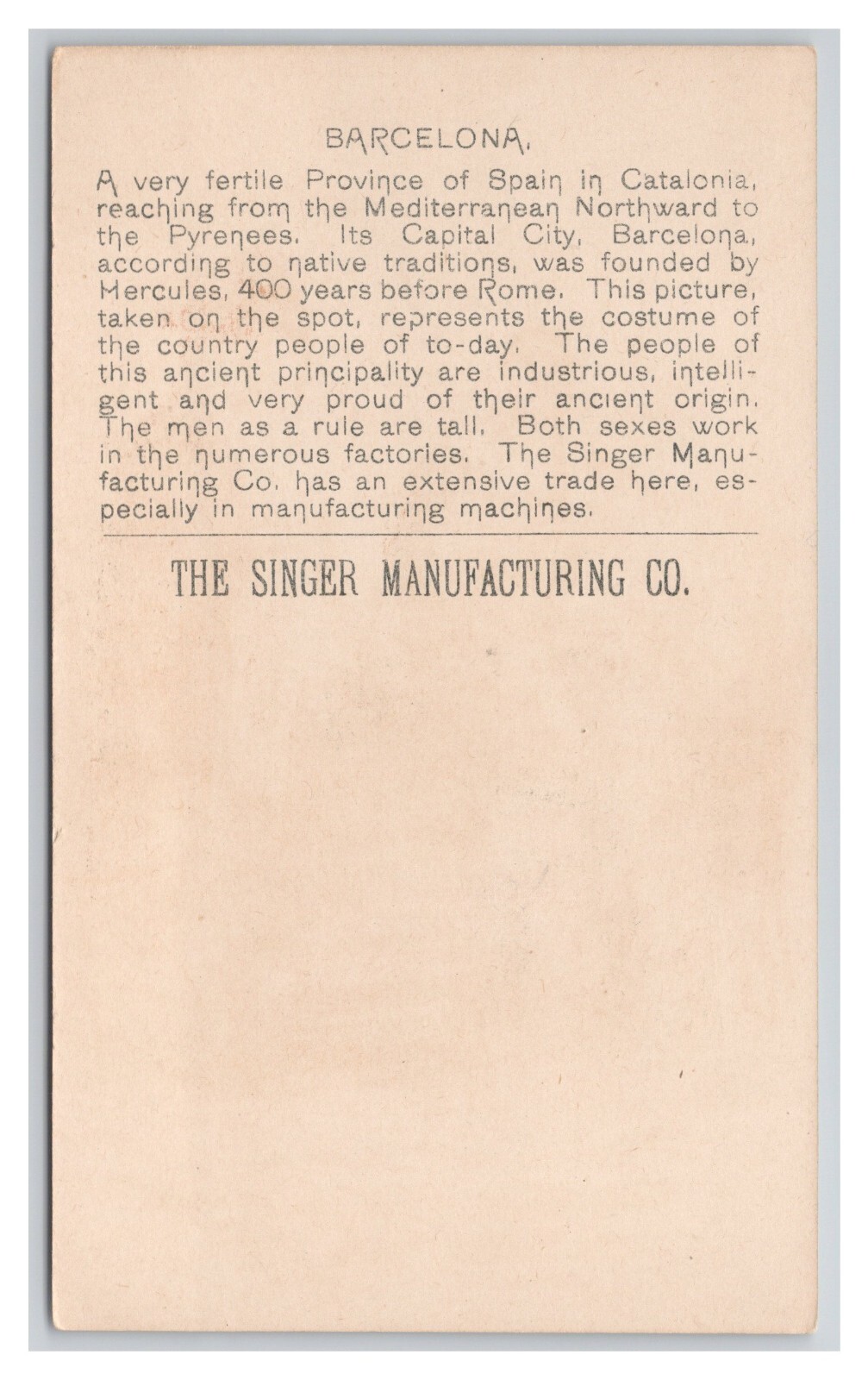 The Singer Manufacturing Co. SPAIN Vintage ©1892 Advertising Trade Card