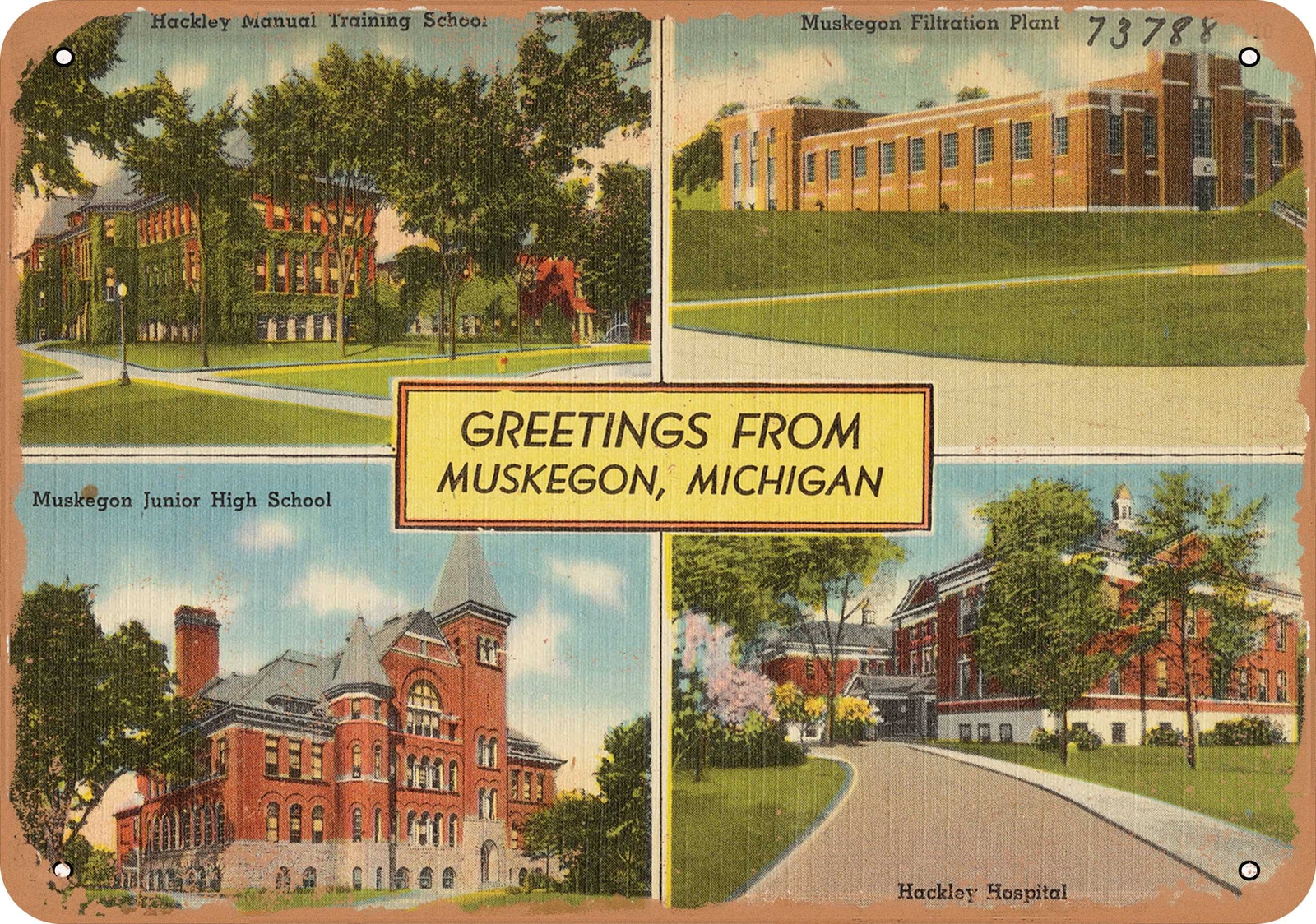 METAL SIGN – Michigan Postcard – Greetings from Muskegon, Michigan — Hackley M