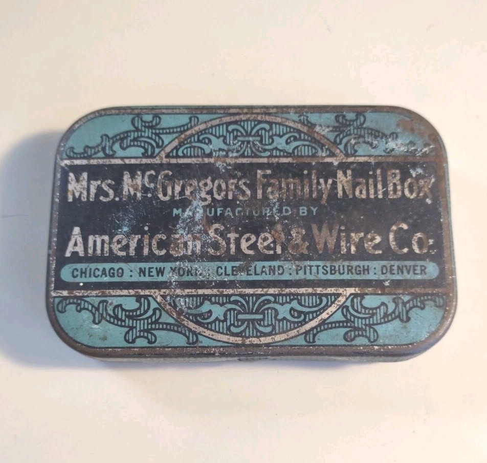 Vintage 1900’s Mrs McGregor’s Family Nail Box Tin Advertising Box Collectible