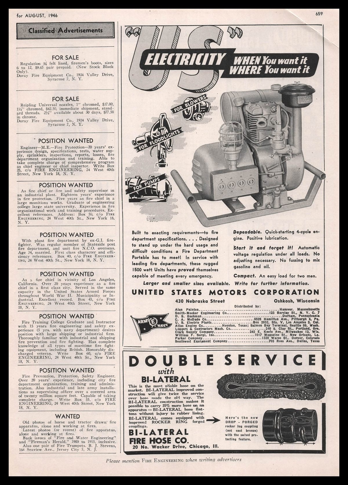 1946 United States Motors Corp. Oshkosh Wisconsin Fire Pumps & Blowers Print Ad