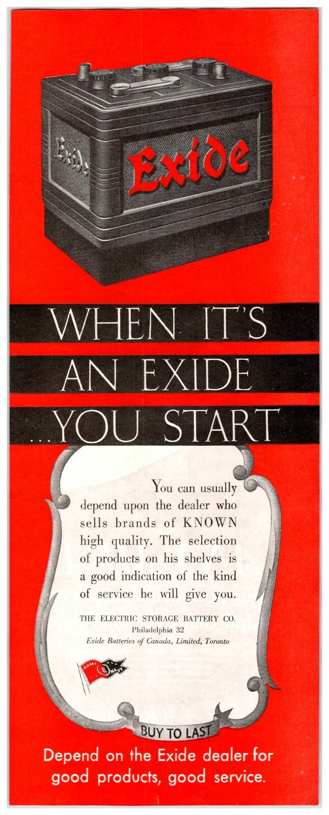 EXIDE CAR BATTERY Vintage 5″ X 14″ Magazine Ad 1940’s LM39