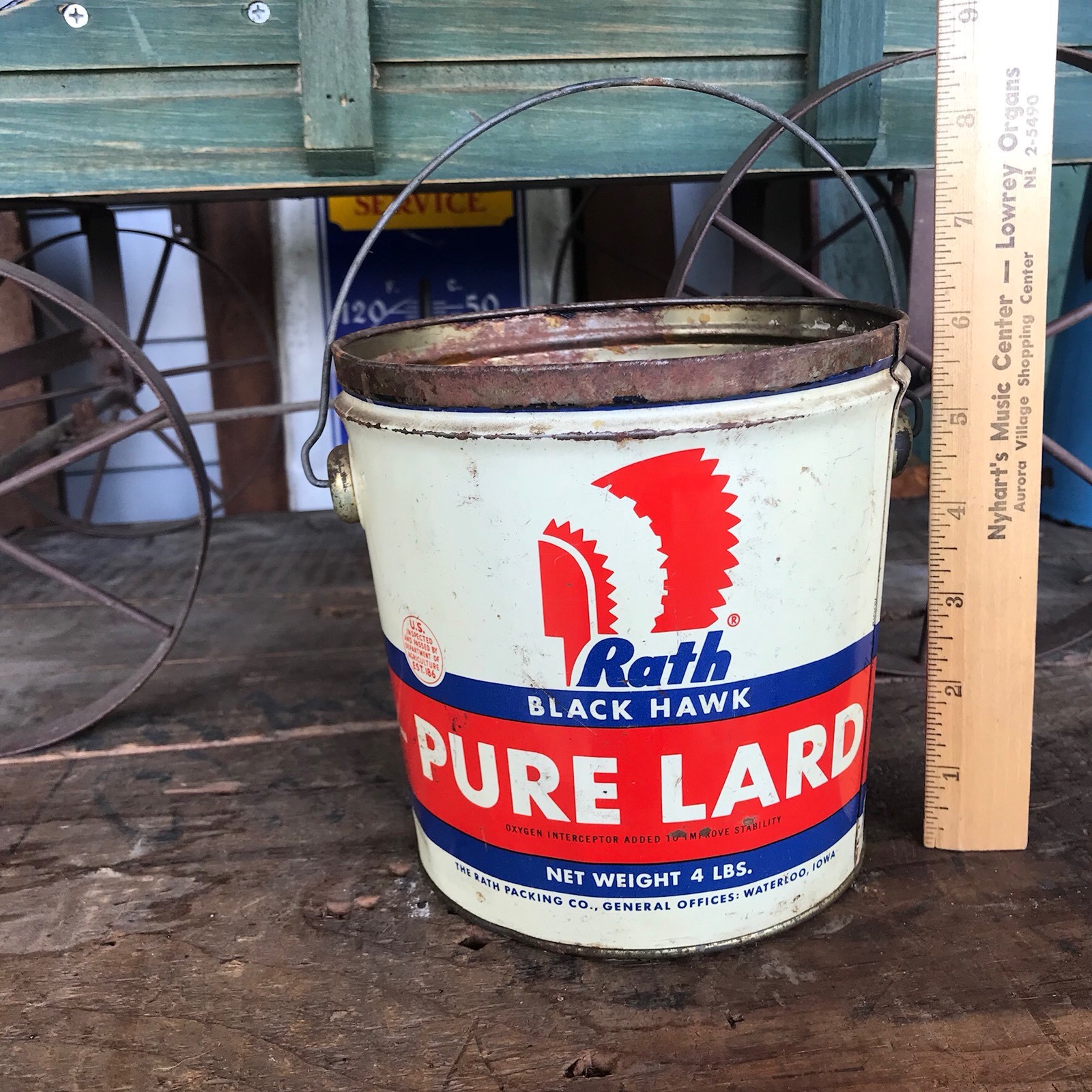 RATH BLACK HAWK”Pure Lard Tin Bucket Can Wire Handle 4 Lbs Bucket