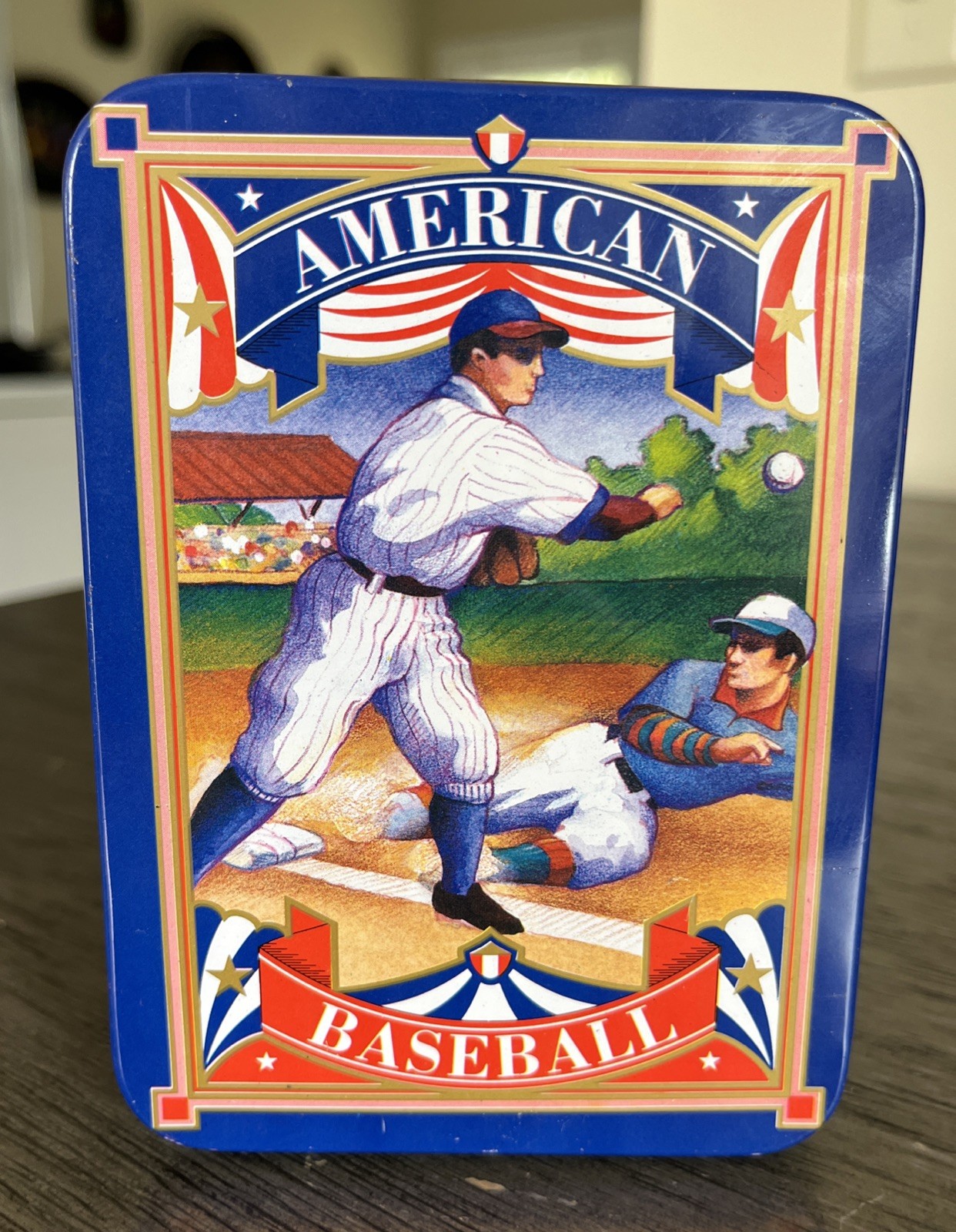 Vintage GIFTCO American Baseball TIN METAL BOX 4″x5″ CLEAN GIFT KEEPSAKE FOOD