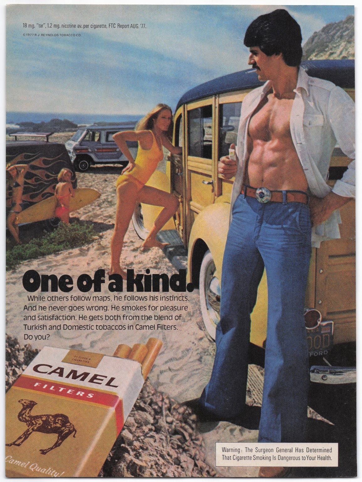 Vintage Camel Cigarettes Magazine Ad ONE OF A KIND 1977 Surfing Beach Woody Car