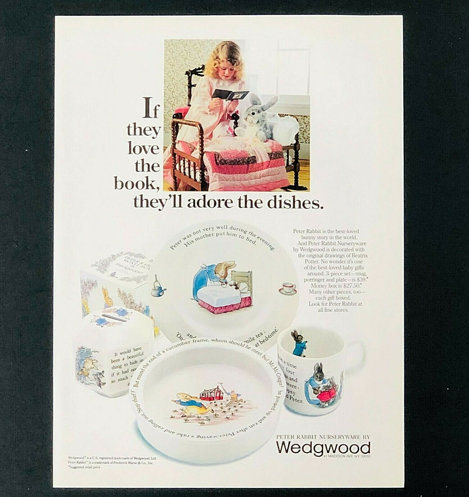 1983 Wedgewood Advertisement Peter Rabbit Dishes Girl Reading Vintage Print AD