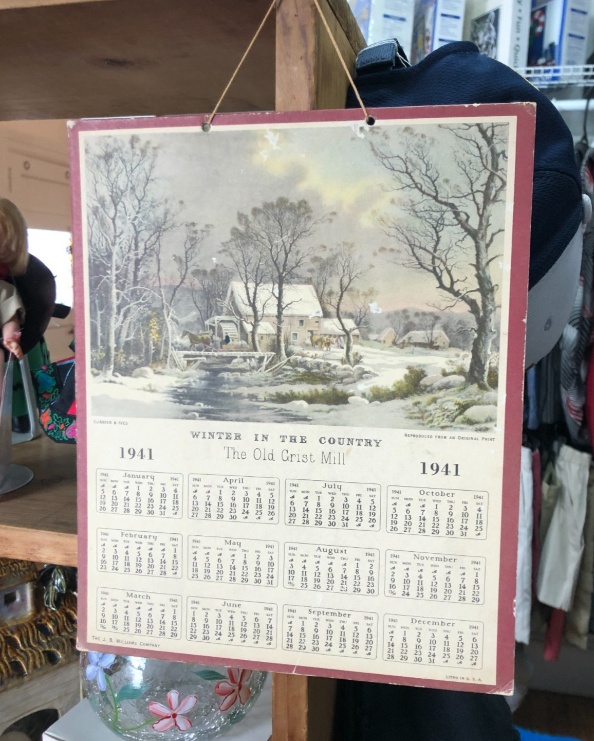 vtg Currier & Ives Litho 1941 Calendar “The Old Crist Mill” Wall Hanging 10.5″