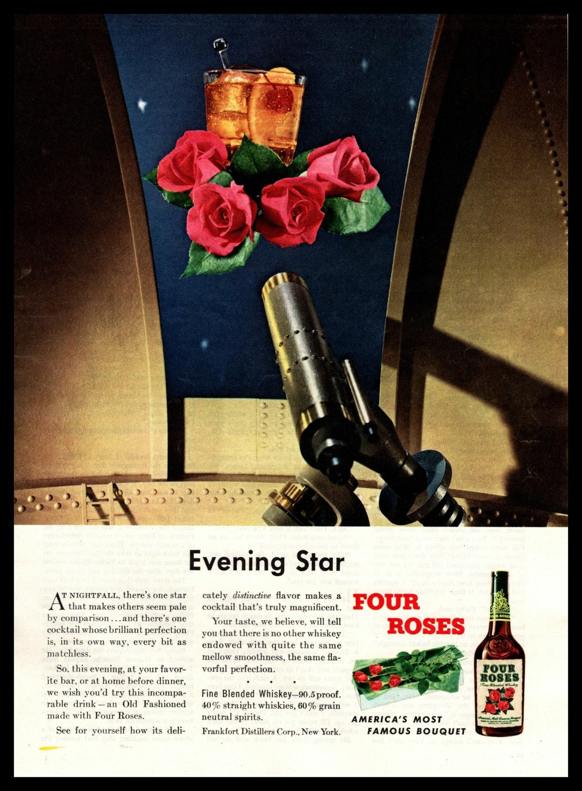 1948 Four Roses Blended Whisky Telescope Evening Star Astronomy Vintage Print Ad