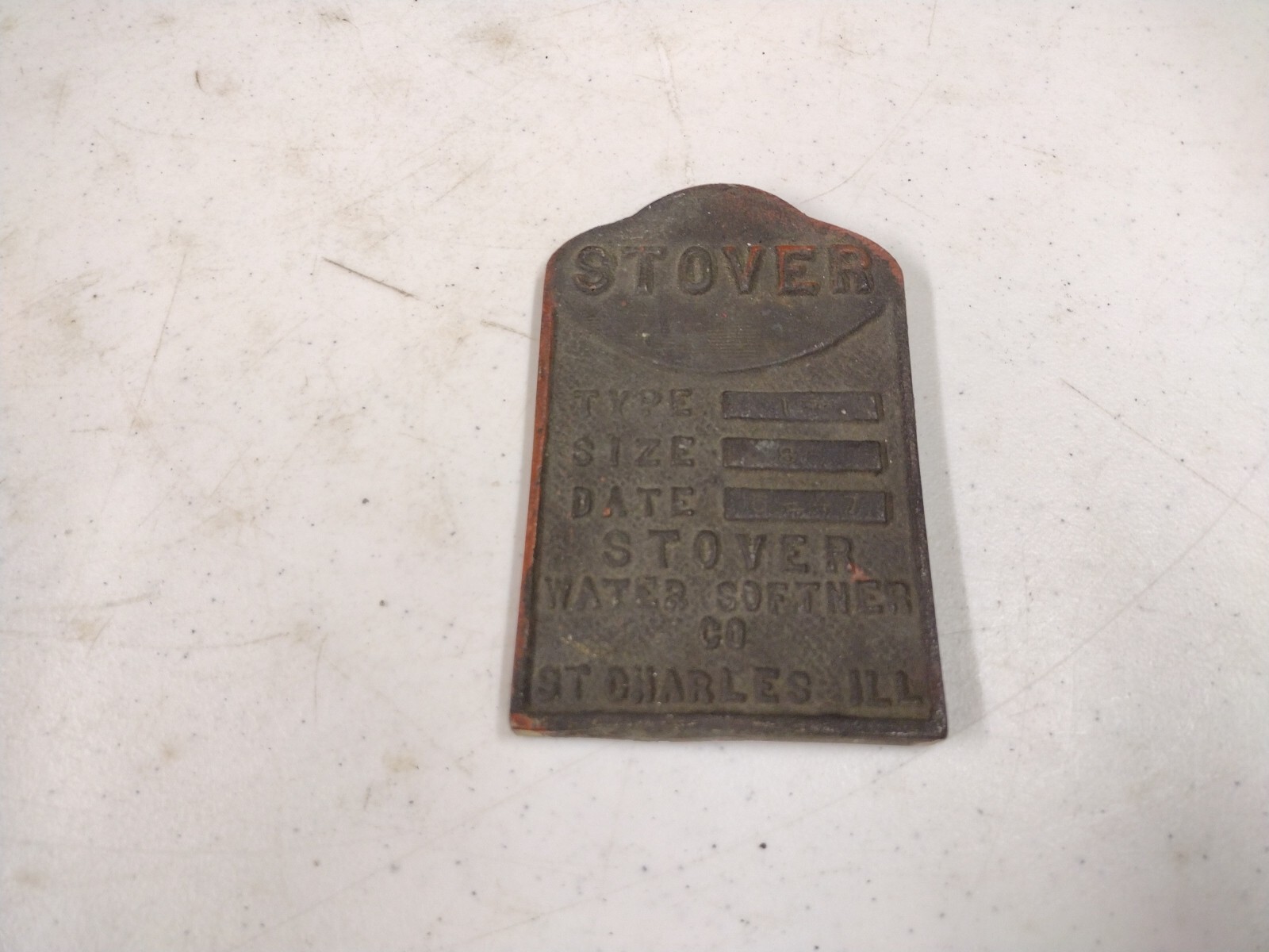 Vintage Brass 1947 Stover Water Softener Co St Charles IL Advertising Name Badge