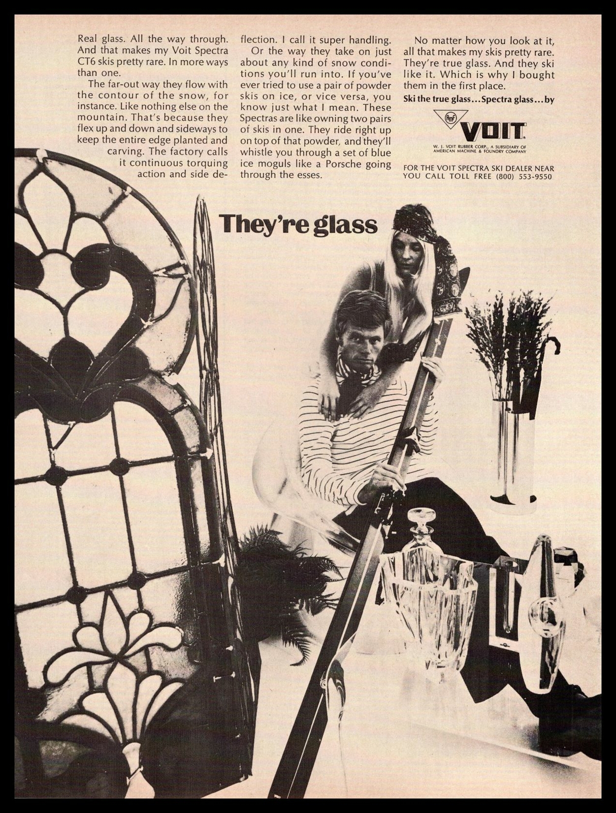 1969 Voit Spectra CT6 Snow Skis Stained Glass Window “Hippy Skiers” Print Ad
