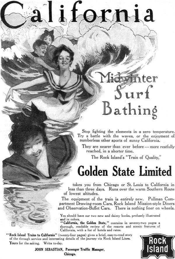 Rock Island Railroad Golden State Limited CALIFORNIA SURF BATHING 1907 Print Ad