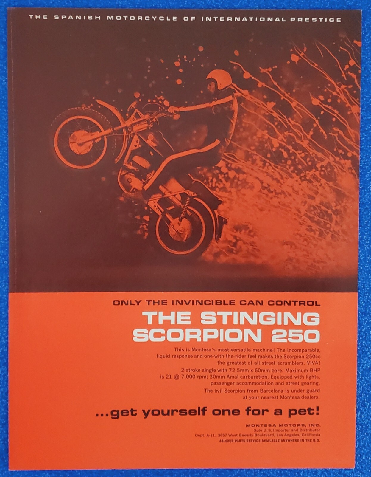 1966 MONTESA MOTORCYCLE CLASSIC PRINT AD “THE STINGING SCORPION 250cc” SPAIN