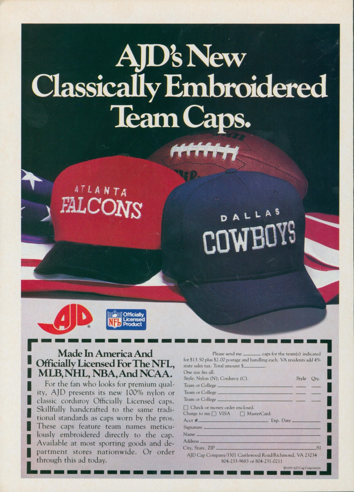 1985 AJD NFL Embroidered Team Caps Dallas Cowboys Atlanta Falcons Ad SI19