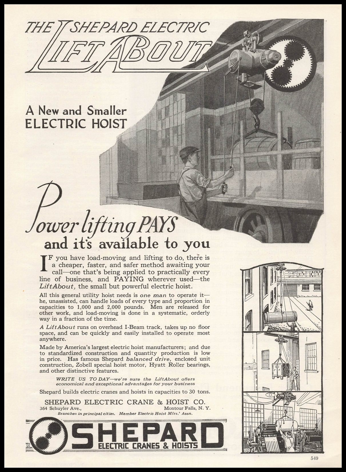 1922 Shepard Electric Crane & Hoist Montour Falls New York “LiftAbout” Print Ad