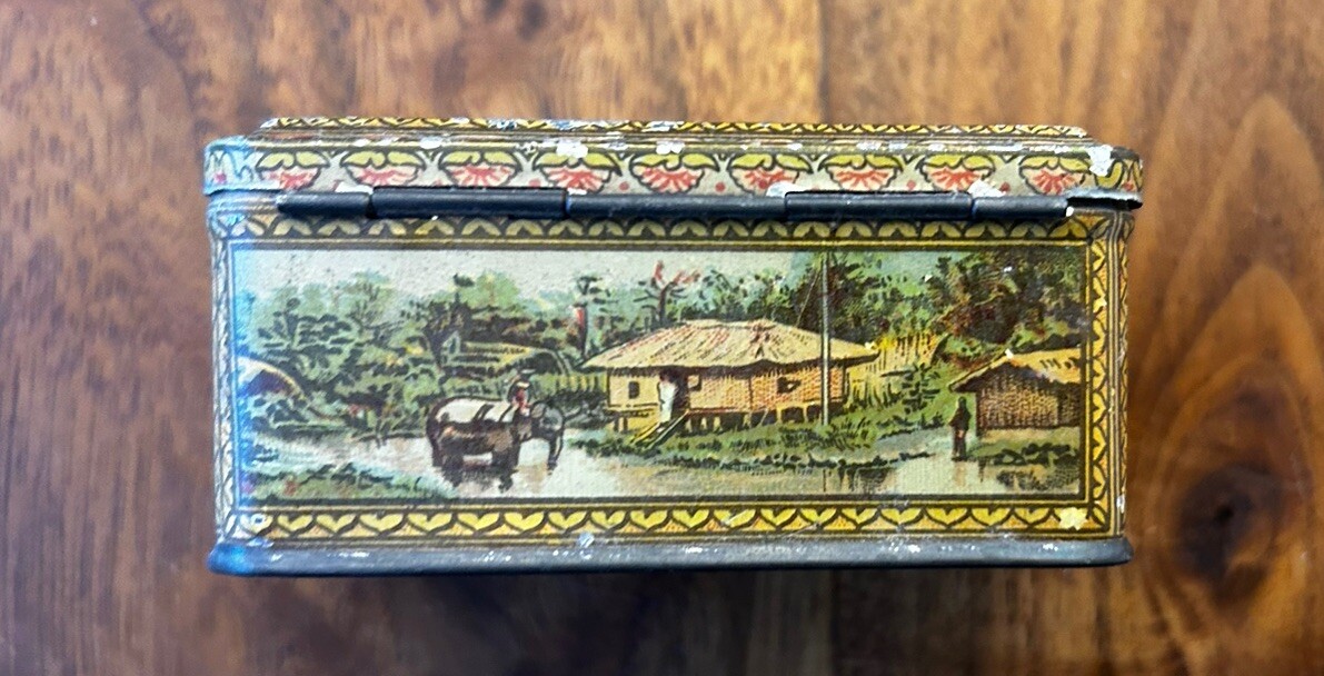 Antique Victorian Era Tin Lithograph Metal Box Pure Indian Tea 3x2x1.5